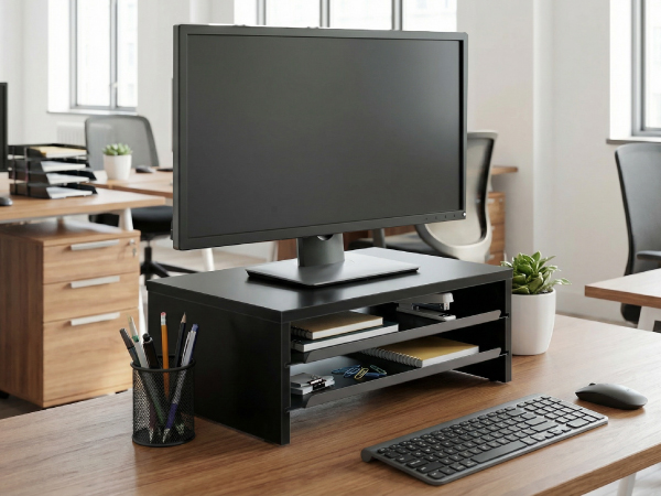 Fenge Monitor Stand, 3-Tier Monitor Riser with Slide-Out Tray, Wooden and Metal Desk Organizer