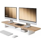 Fenge 42.5" Dual Monitor Stand with Storage Drawer & Solid Wood Legs | Modern Minimalist Design, ...