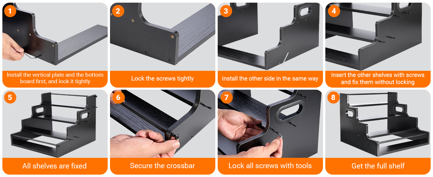 Easy 8-step assembly guide for wood liquor shelf, simple installation with tools included.