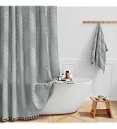 BTTN Grey Boho Farmhouse Shower Curtain, Tufted Leaves Textured Striped Shower Curtain Set with T...