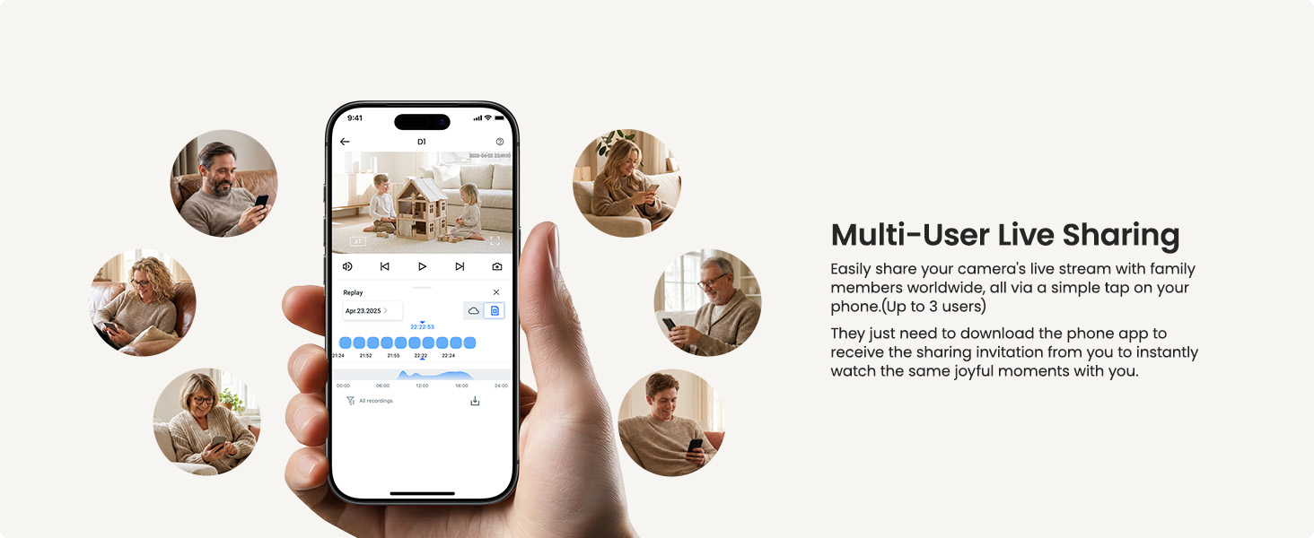 By sharing the security camera, multiple people view the indoor camera simultaneously