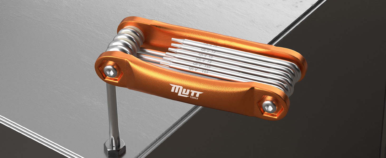 Folding security torx set displayed on a reflective surface with an orange metallic finish.