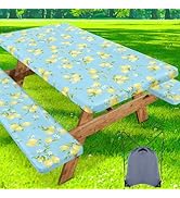 misaya Picnic Table Cover with Bench Cover, Waterproof Elastic Fitted Tablecloth for 6 Foot Table...