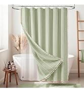 BTTN 3 in 1 Shower Curtain with Liner, Sage Green Boho Linen Striped Cloth Shower Curtain Set wit...