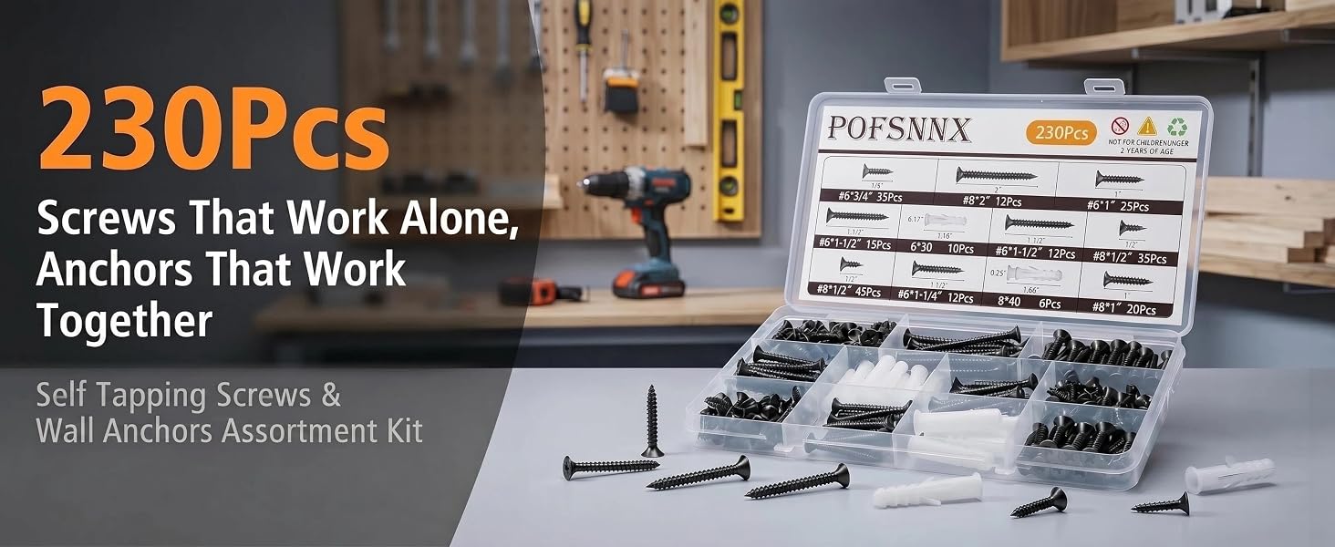 230pcs self tapping screws and plastic wall anchors assortment kit with storage case