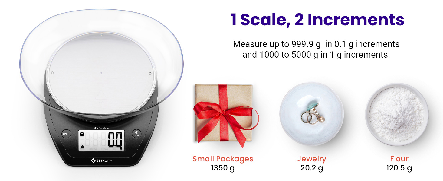 Can measure up to 999.9 g in 0.1 g increments and 1000 to 5000 g in 1 g increments