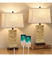 GyroVu Rattan Table Lamps Set of 2, Bedside Lamps for Bedroom Nightstand | 3-Way Dimmable Boho Be...
