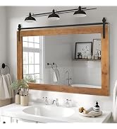 SeekElegant Farmhouse Wall Mirror, 40” x 26” Rustic Wood Framed Wall Mirrors, Barn Door Style, La...