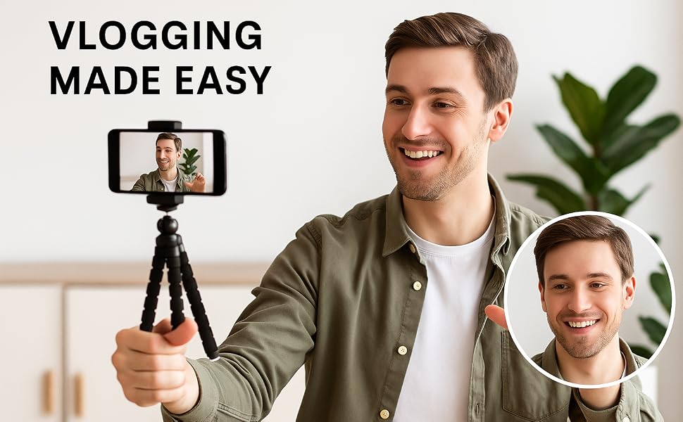 Man smiling while vlogging using a smartphone on a flexible tripod, “Vlogging Made Easy