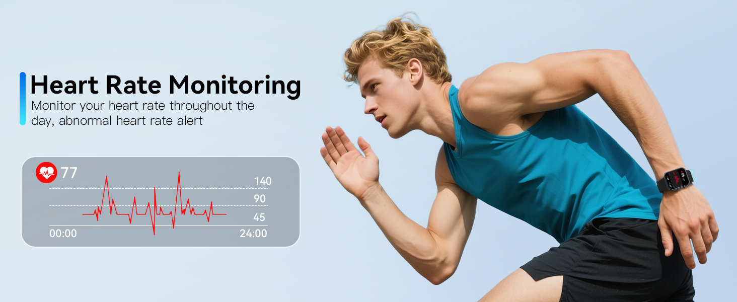 Text reads 'Heart Rate Monitoring'. Medical fitness tracking interface showing heart rate graph and person running in teal athletic wear.