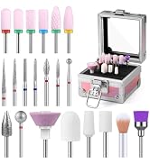MelodySusie 21pcs Nail Drill Bit Set with Portable Holder Case, 3/32'' Pink Ceramic, Diamond Carb...