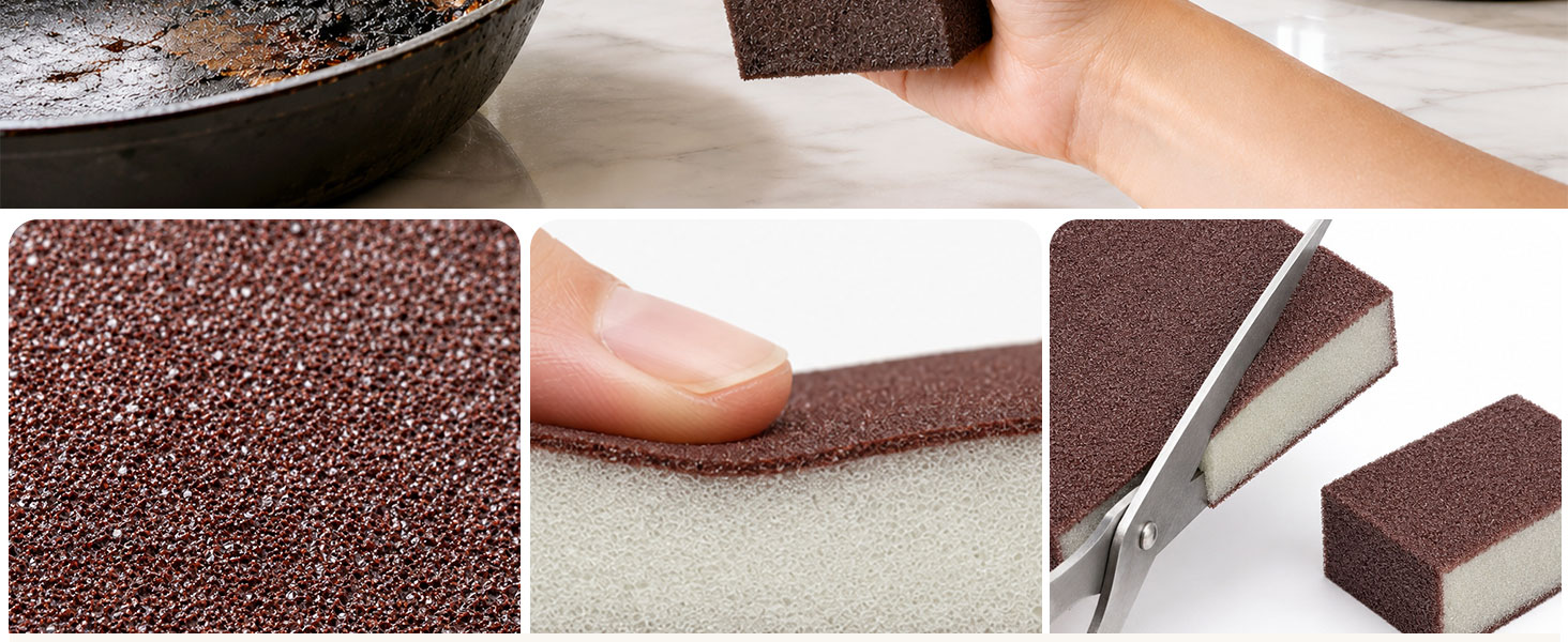 Hand holding a heavy-duty carborundum sponge beside a clean stainless steel pot.
