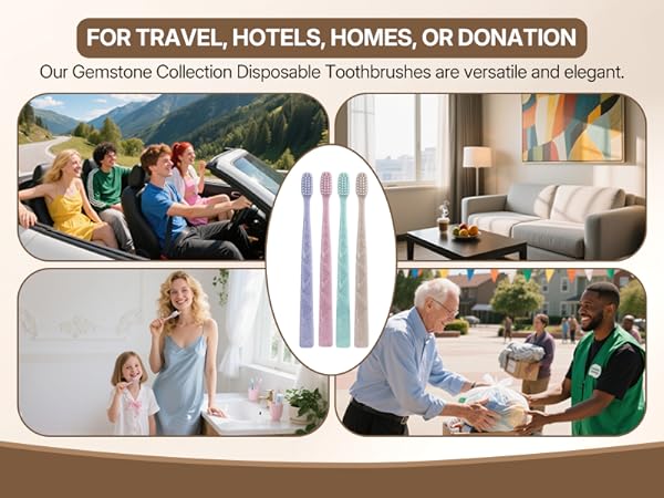 Individually wrapped disposable toothbrushes for travel, hotels, homes, or donation use