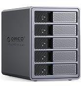 Multiple views of an 'ORICO' branded external hard drive enclosure with multiple bays, showing its black metallic construction and ventilated design.