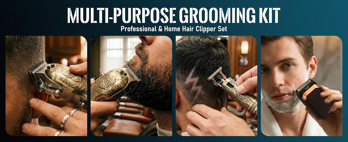 Text reads 'MULTI-PURPOSE GROOMING KIT Professional & Home Hair Clipper Set'. Series of product demonstration images showing various grooming and trimming functions.