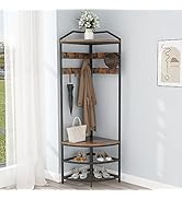 GiftGo Corner Hall Tree with Shoe Bench Entryway Coat Rack with 10 Metal Movable Hooks Freestandi...