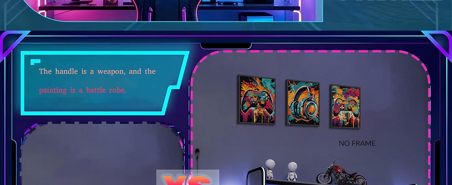 3Pcs Cool Gaming Wall Art Set, Retro Video Game Neon Gamepad Watercolor Canvas Prints for Boys Room