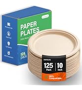 Compostable Large Paper Plates 10 Inch 125 Pack,Soak & Cut Proof Heavy Duty Disposable Plate,Baga...