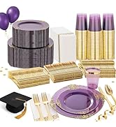 Nervure 350PCS Purple Plastic Plates - Purple Plastic Dinnerware Sets for 50 Guests - 100 Disposa...