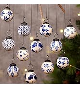 IndianShelf 12 Blue White Christmas Balls with Ribbon- Porcelain Christmas Ornaments- White Ceram...