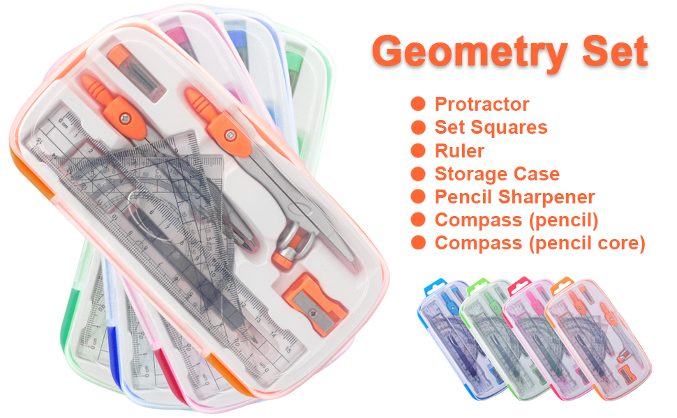 Geometry set in clear plastic cases. Includes protractor, set squares, ruler, compass, and pencil sharpener. Available in multiple transparent colors with orange accents.