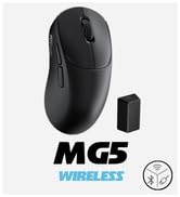 Text reads 'MGS'. Black backpack with rounded top, side straps, and compact design. Small circular element visible below branding.