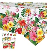 3 Pack 54 x 108 Inch Tropical Hibiscus Flowers Plastic Tablecloth – Disposable Rectangle Table Co...