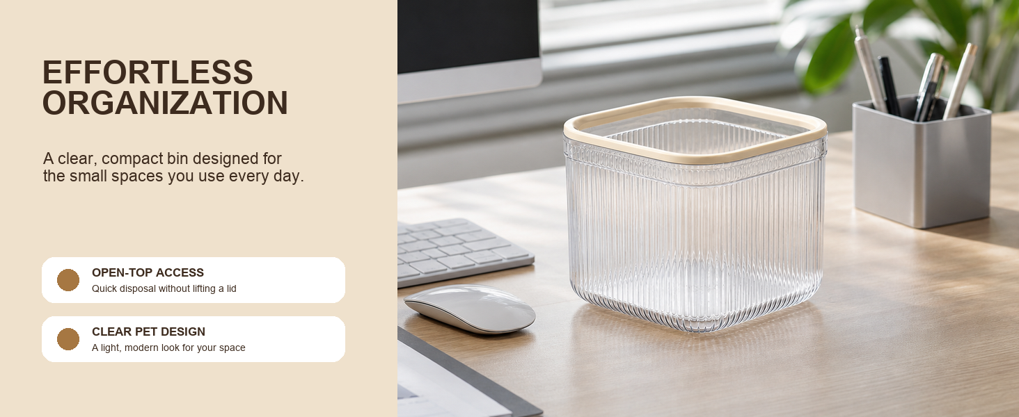 Clear 2.8L open-top small desktop trash can on a modern office desk