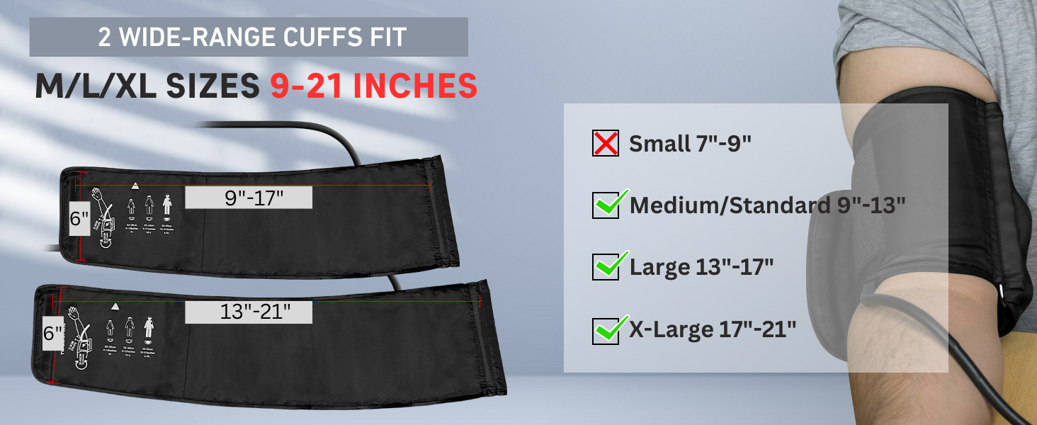 2 WIDE-RANGE CUFFS FIT M/L/XL SIZES 9-21 INCHES