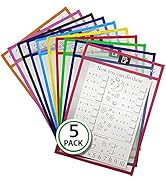 5 Pack 10x13 Dry Erase Pockets Sleeves with 3 Holes for Binder - Multicolored Dry Erase Sheets - ...