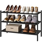 kiplant 3-Tier Black Bamboo Shoe Rack for Entryway, Stackable | Foldable | Natural, Shoe Organize...