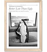 Framed Newspaper Canvas Wall Art, “Better Late Than Ugly” Black and White Poster Print, Trendy Ba...