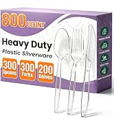 800 Count Plastic Silverware Heavy Duty,Clear Disposable Plastic Utensils Set,300 Forks, 300 Spoo...