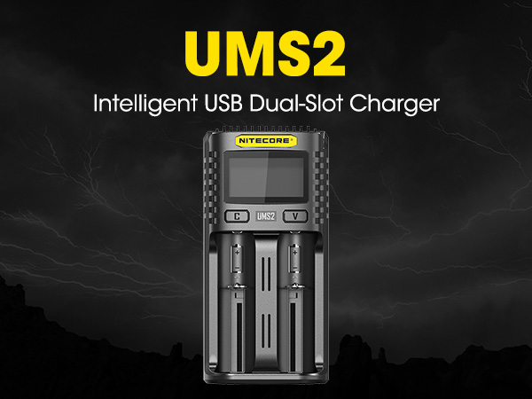 The UMS2 in front of a dark background. Behind it, a black and white scene of lightning is shown.