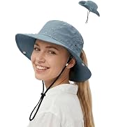 Womens Sun Hat with Hidden Ponytail Opening Wide Brim UPF50+ Waterproof Bucket Rain Hat with Remo...