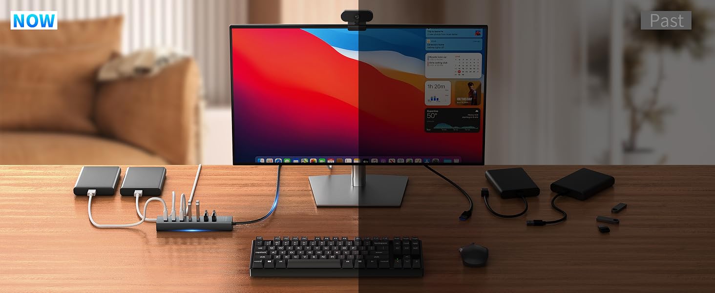 Desktop setup with monitor displaying colorful wallpaper, webcam, keyboard, mouse, and various connected peripherals on wooden surface. Split-screen shows 'NOW' and 'Past' sections.