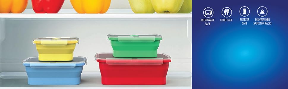 collapsible silicone food storage container BPA plastic lid meal cereal containe bowl kitchen pantry