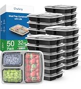 50 Pack (100-Piece) 32 oz Meal Prep Containers Reusable with Lids 3-Compartment, To Go Take Out P...
