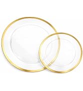 Lillian Tablesettings Magnificence 32-Piece Gold Rim Plastic Plates Set, Heavyweight Disposable D...