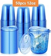 KesaPlan 50 Pack 12 oz Blue Plastic Cups with Sip Lids, Disposable Strawless Wine Glasses for Ice...