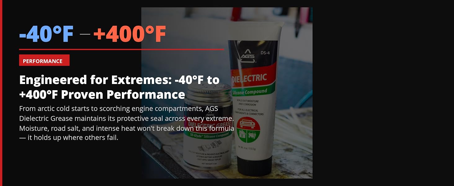 AGS Dielectric Grease on workbench with -40°F to +400°F temperature range callout