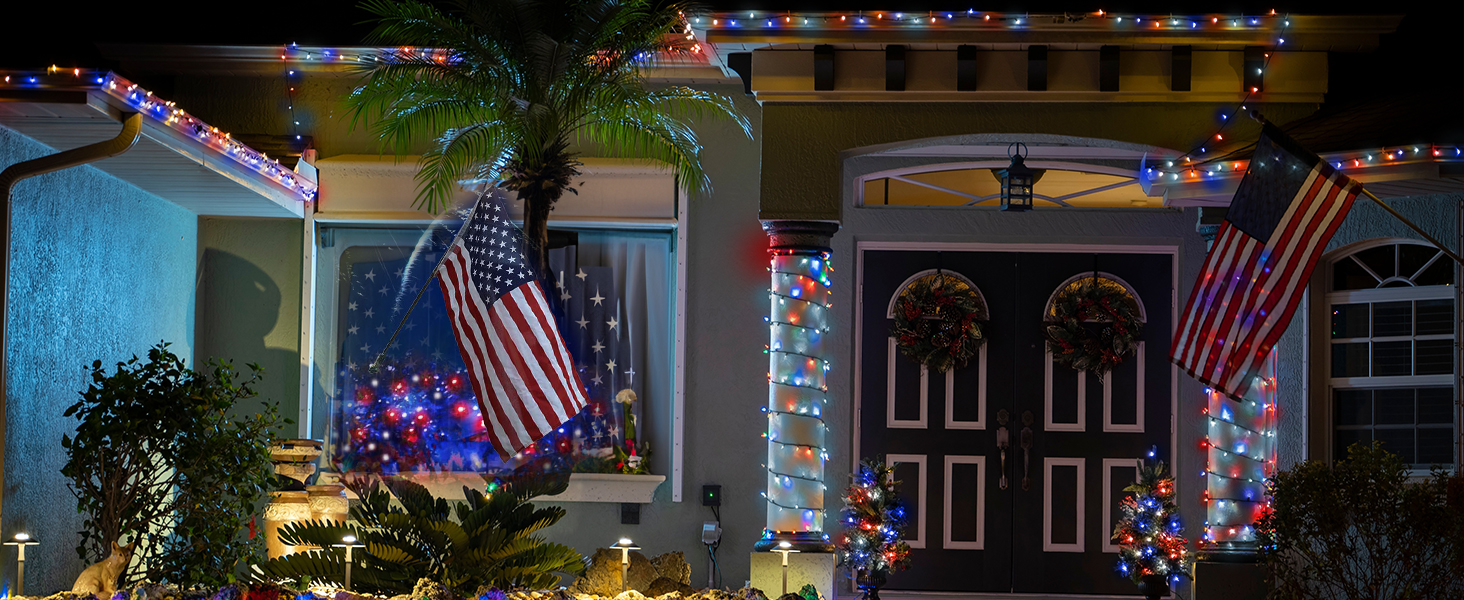 red white and blue lights string