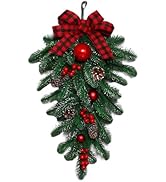 24" Christmas Teardrop Swag with Artificial Pine Cones Red Berries and Christmas Balls Ornaments ...