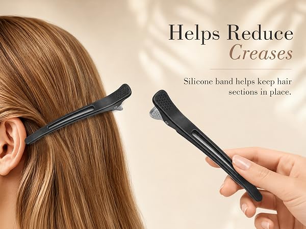Gentle silicone grip hair clips help reduce creases for smooth styling.