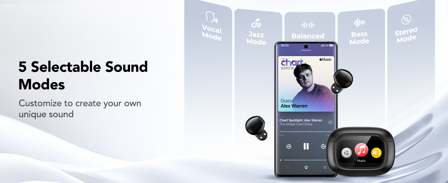 Bluetooth wireless earbuds with 5 Selectable Sound Modes: Vocal Mode, Jazz, Balanced, Bass, Stereo