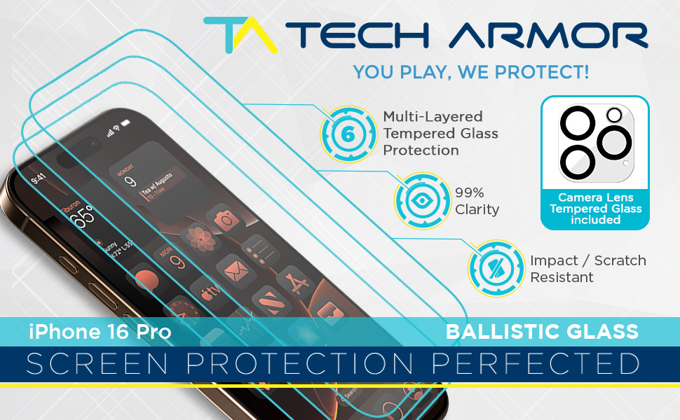 Tech Armor 3-Pack ballistic glass screen protector for iPhone 16 Pro, 9H hardness, HD clear