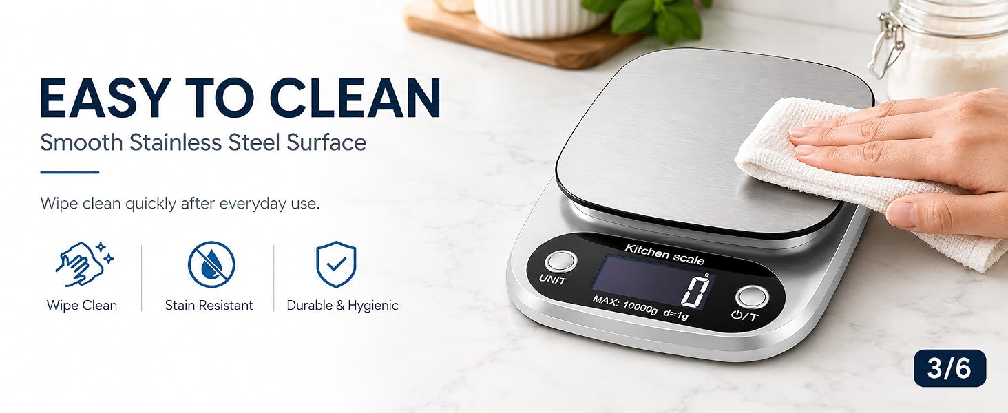 Digital kitchen scale with automatic shutoff to conserve battery power.