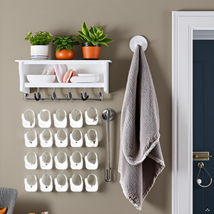 A modern bathroom with a sleek vanity and a wall adorned with the product, creating an organized and
