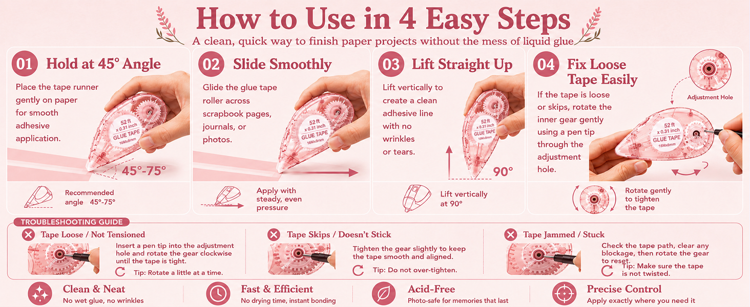 4-step guide for 52FT glue tape roller on scrapbook pages