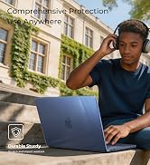 Text reads 'Comprehensive Protection Use Anywhere' and 'Durable sturdy'. Person wearing headphones using laptop outdoors against ivy-covered building facade.